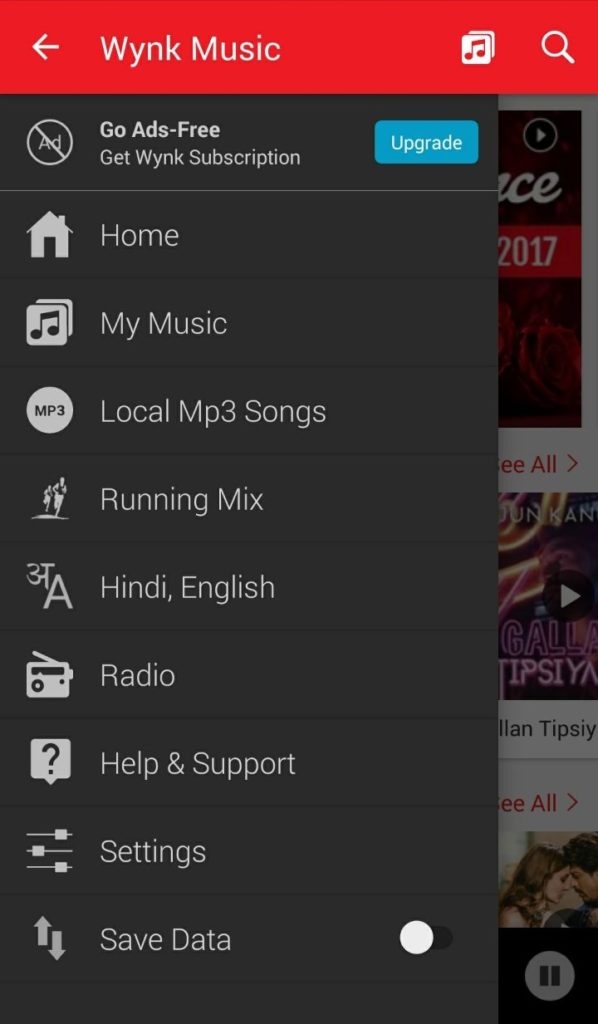 wynk music app menu
